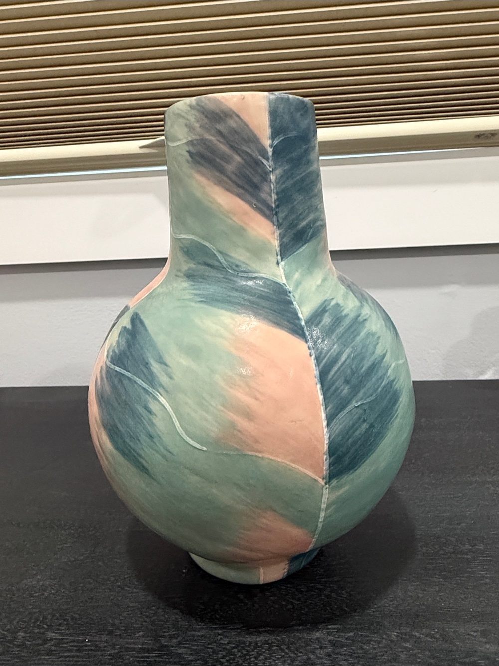 Hand-Painted Ceramic Vase in Teal and Peach